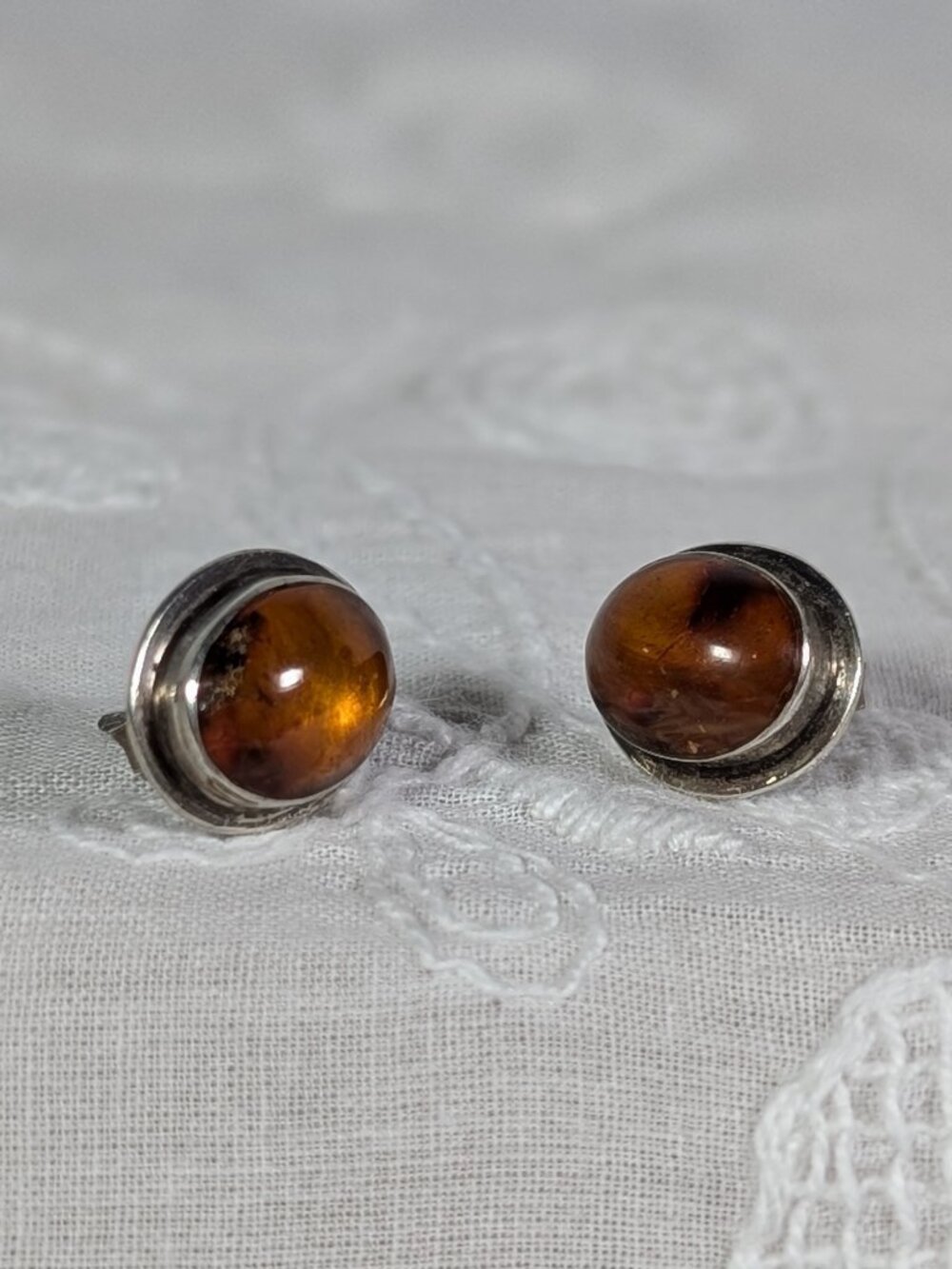 Vintage Amber Cabochon Orange/Cognac Stone with Silver Stud Post Earrings - Picture 5 of 13
